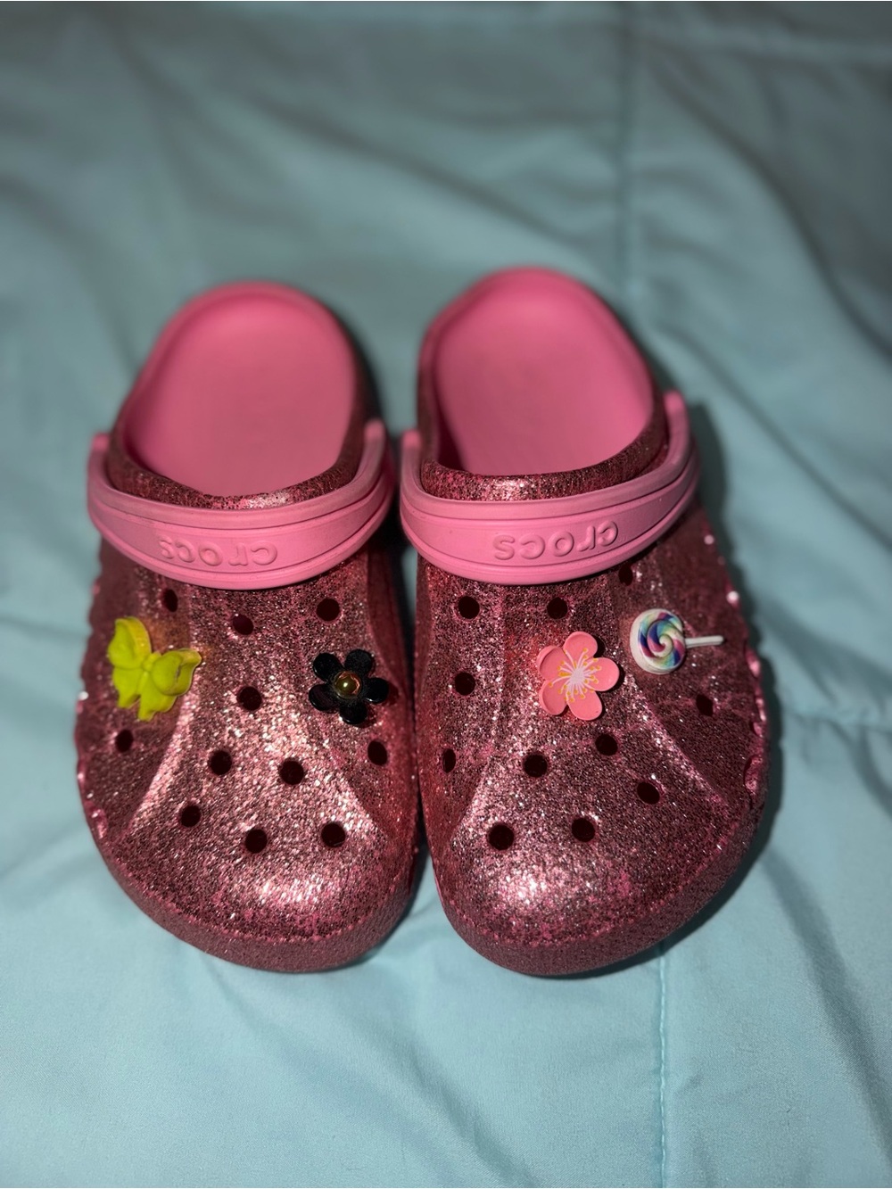 CROCS Kids Glitter Pink Clogs with Colorful Charms